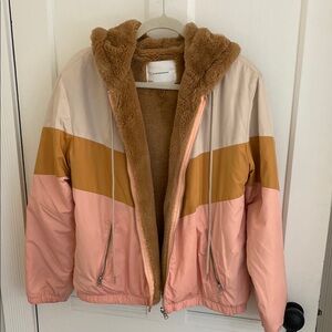 Reversible ANYHROPOLOGIE Pink and Tan Colorblock Jacket with Faux Fur Lining